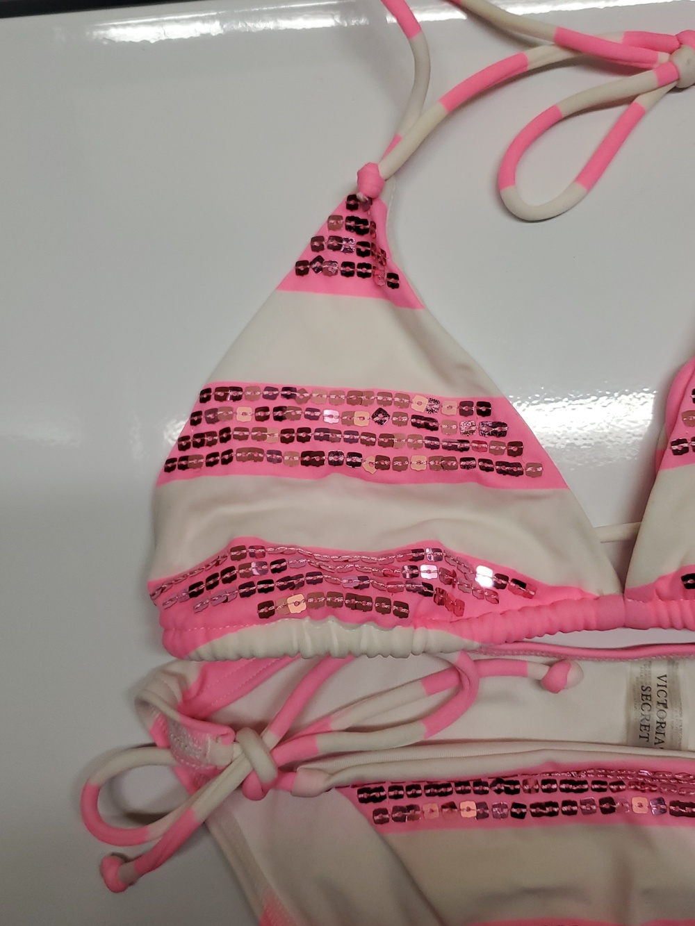 Victoria's Secret Size M White and Pink Sequin Stripe Bikini 2 Piece Set - Picture 4 of 8